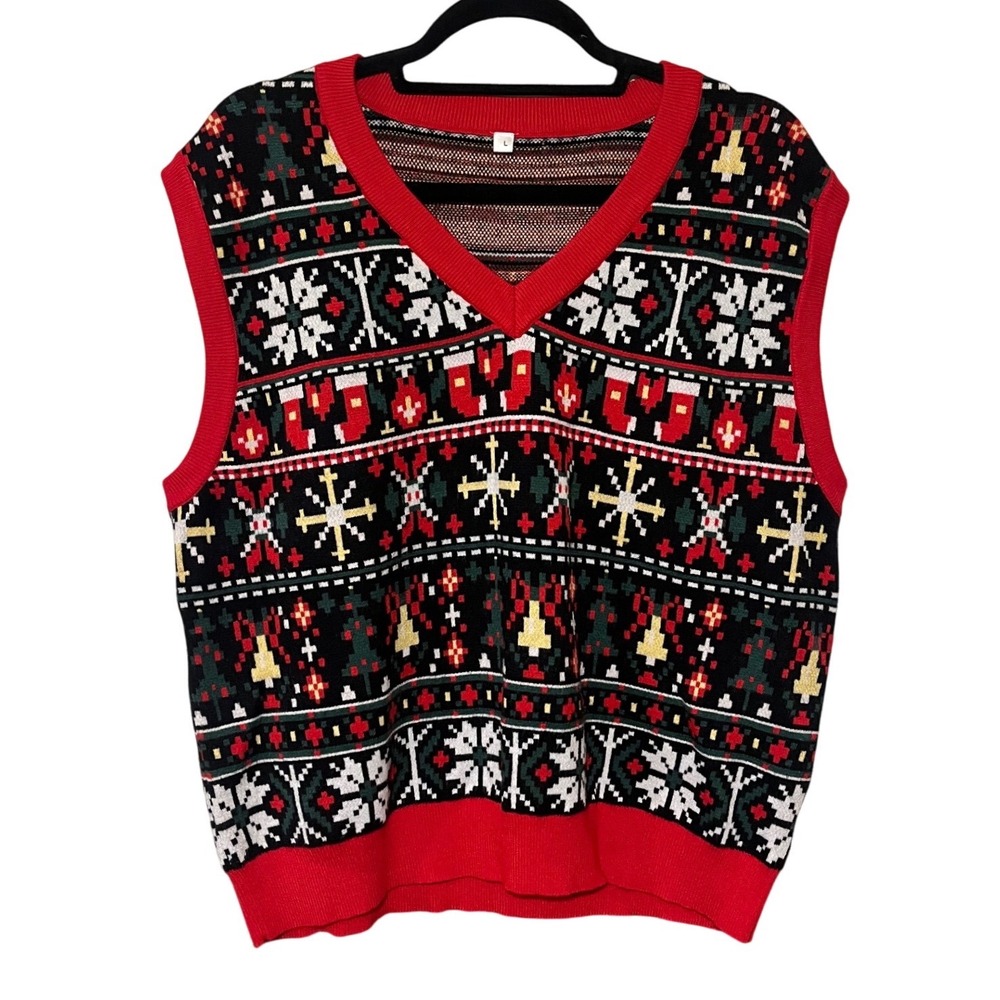 Fair‎ Isle Sweater Vest Holiday Ugly Christmas Red Black V-Neck Snowflakes L